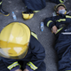 Firefighters take a break in Tianjin.